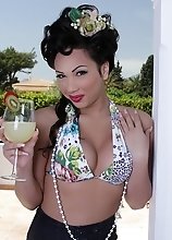 Holly Harlow by the pool, takes out her cock and jacked it up until hot cum explodes